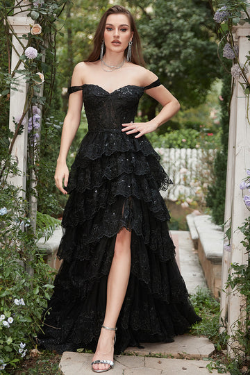 Princess A Line Black Off The Shoulder Long Tiered Ball Dress